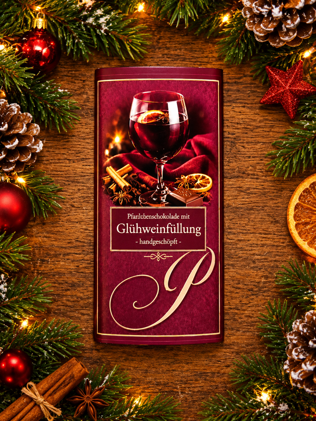 Schokolade mit Glühwein- Pralinenfüllung handgeschöpft 100g